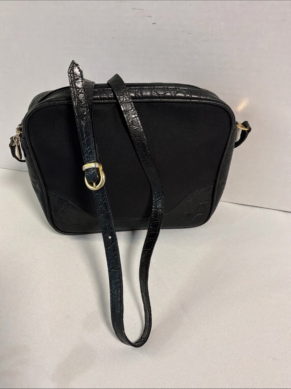 Salvatore Ferragamo Vintage Black Nylon Croc Embossed Leather Crossbody